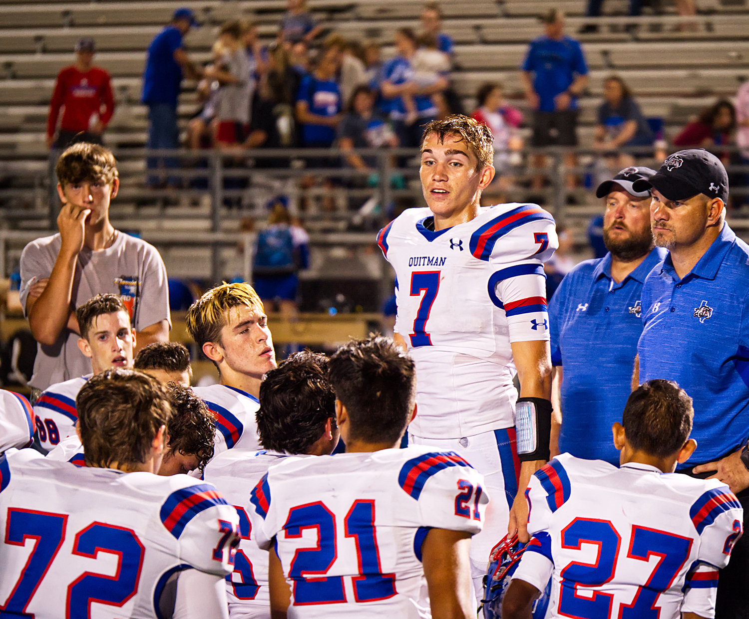 Ben Burroughs, 7, of Quitman addresses his teammates after Friday’s loss.